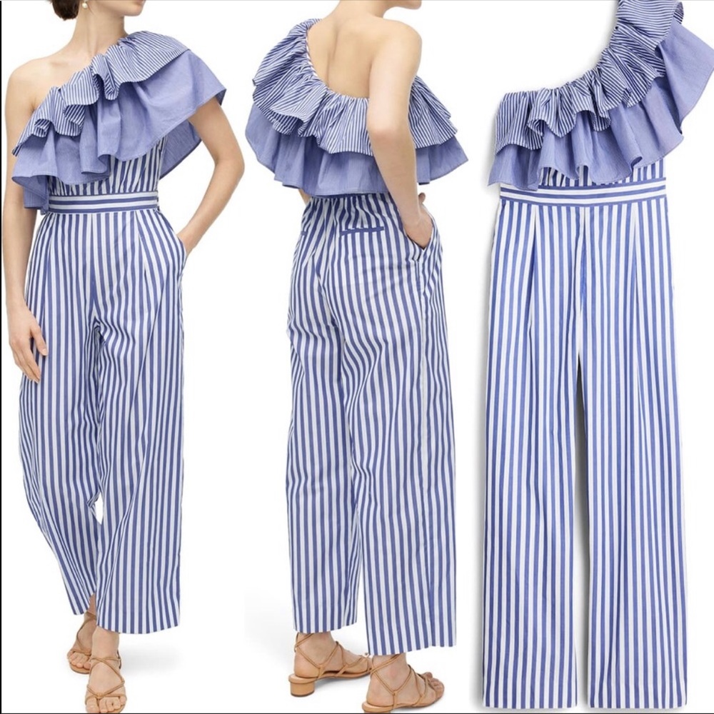 J.Crew one shoulder ruffle jumpsuit navy stripe 14